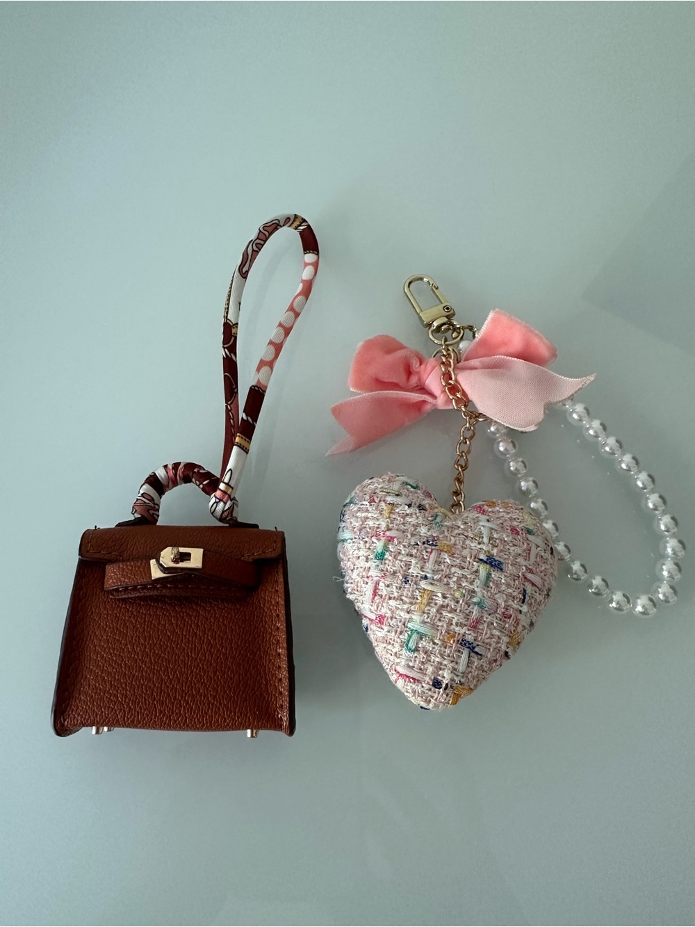 Brown Mini Bag Charm & Pink Tweed Heart Keychain Set, new without tag.